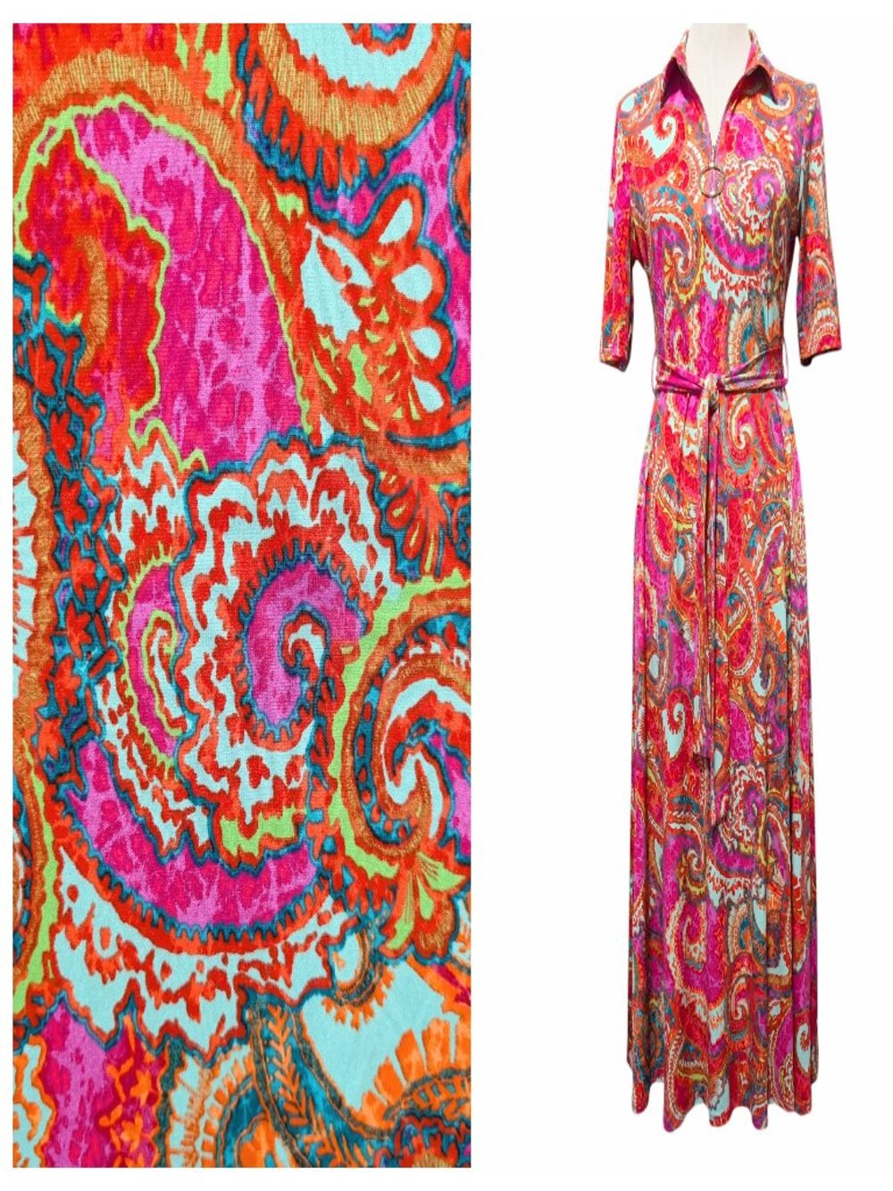 MSK Womens Sz M Psychedelic Pink Orange Blue Abstract Retro Tie Belt Midi Dress